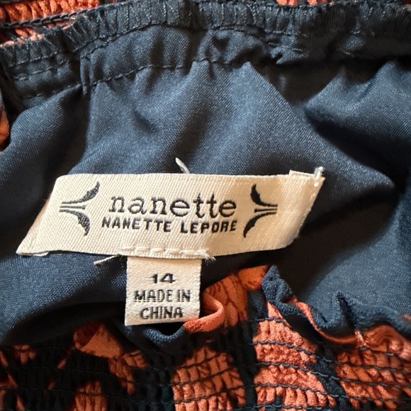 Nanette Nanette Lepore Navy & Coral Floral Smocked Pleated Midi Dress Size 14 - Picture 7 of 8